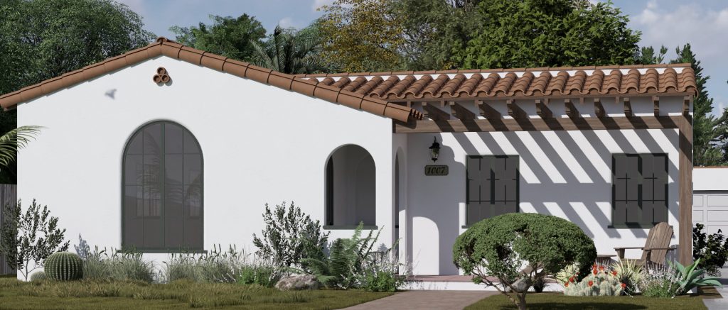 White Spanish colonial style house with arched doorways, terracotta tile roof, and striped awning surrounded by landscaping