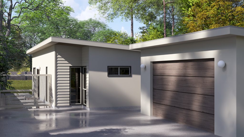 Modern single-story house with gray exterior, dark garage door, and landscaped front yard with trees