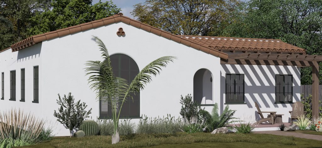 White Mediterranean-style home with arched entrance, palm plant, striped awning, and drought-resistant landscaping