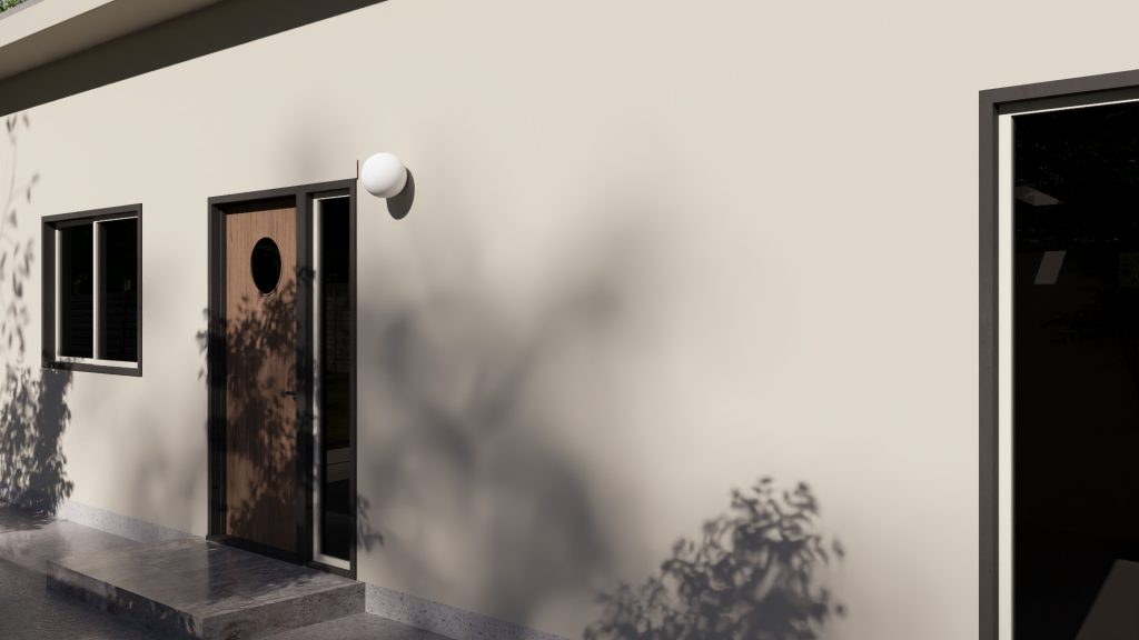 White single-story house exterior with brown door, window, and dark shadows cast on wall