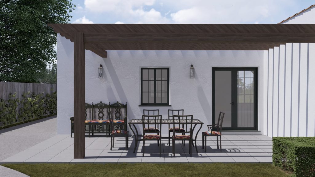 Modern white house with covered patio, dining furniture, and landscaping on Marcheta Street in Altadena