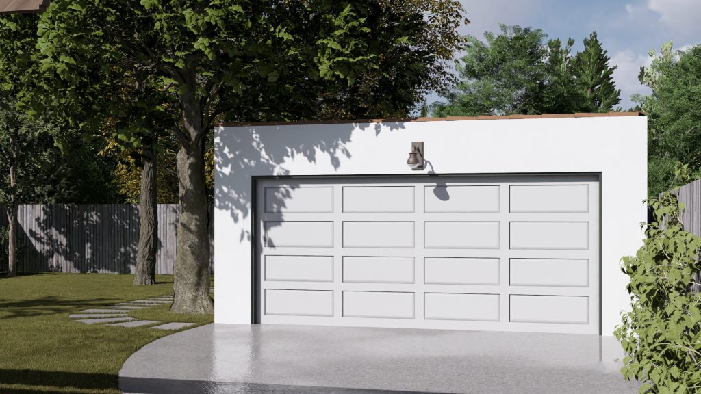 White garage door on residential home with trees and green lawn in suburban neighborhood
