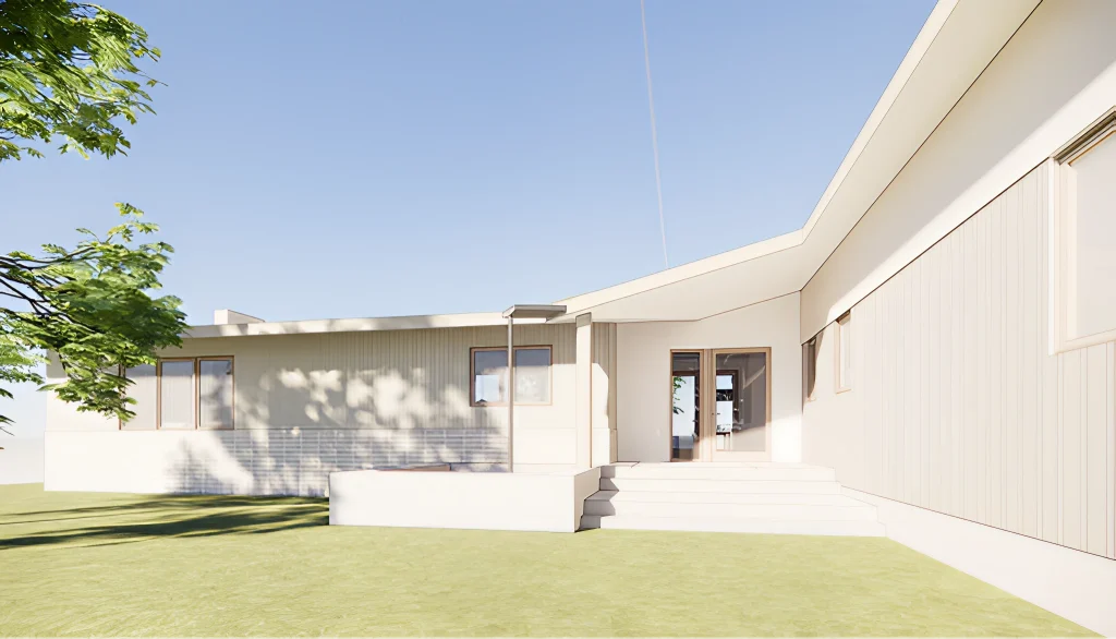 Modern white house with clean architecture and manicured lawn in Altadena