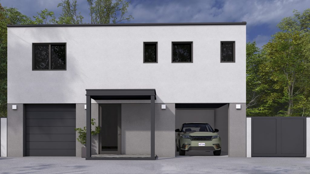 Modern white house with gray garage doors, carport with vehicle, and black-framed windows against blue sky