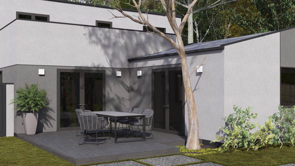 Modern white residential structure with covered patio, outdoor furniture, and landscaping in a garden setting