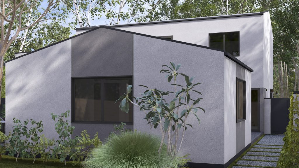 Modern white cubic house with large windows, dark roof panels, and landscaping surrounded by trees