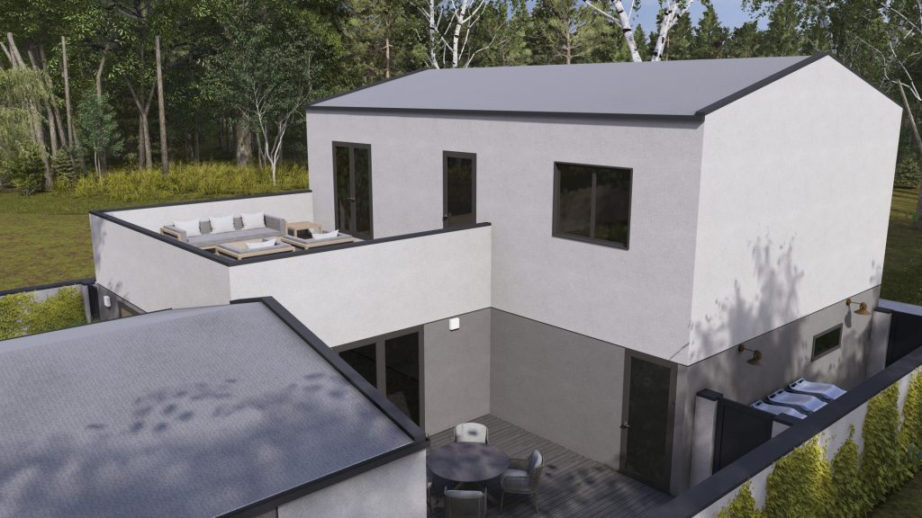 Modern two-story white house with flat roof and large windows on a hillside surrounded by green trees