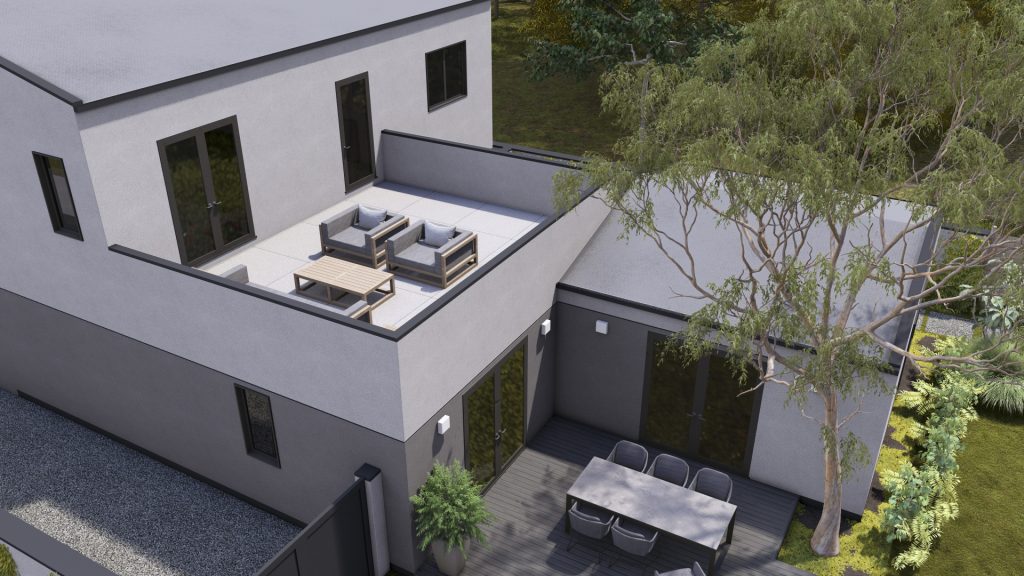 Aerial view of a modern white house with a rooftop terrace, lounge furniture, and surrounding green landscaping