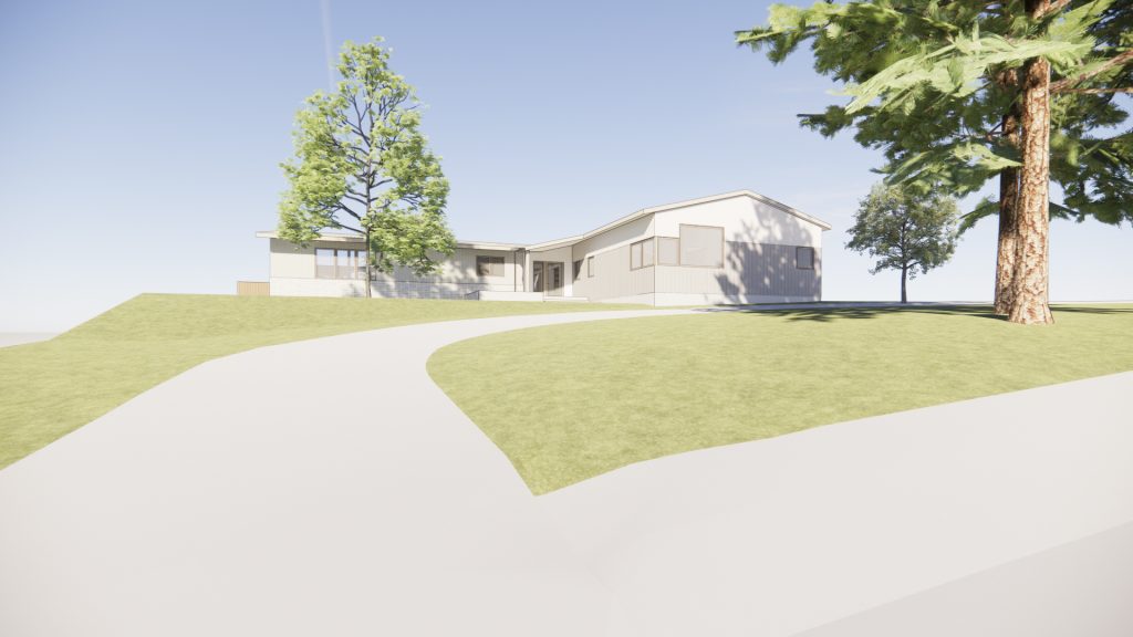 Modern house with curved driveway, manicured lawn, and mature trees under clear sky